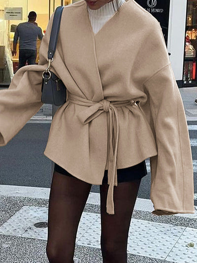 Long Sleeves Loose Solid Color Tied Waist V-Neck Outerwear