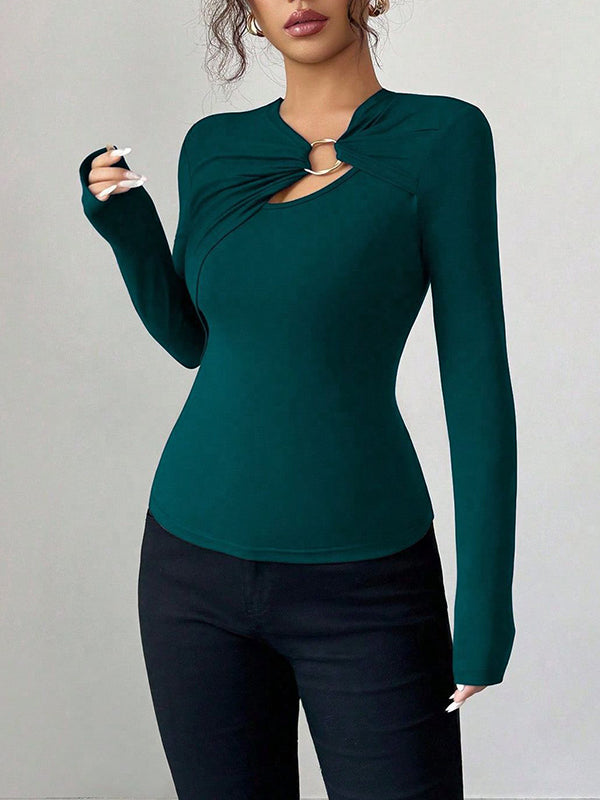 Long Sleeves Skinny Solid Color Split-Joint Asymmetric Collar T-Shirts