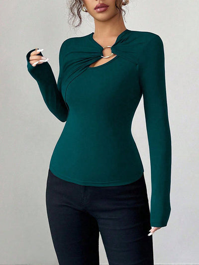 Long Sleeves Skinny Solid Color Split-Joint Asymmetric Collar T-Shirts
