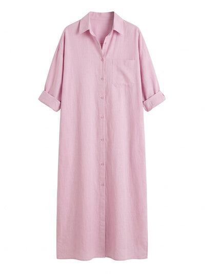 Long Sleeves Loose Buttoned Pockets Solid Color Lapel Maxi Dresses Shirt Dress