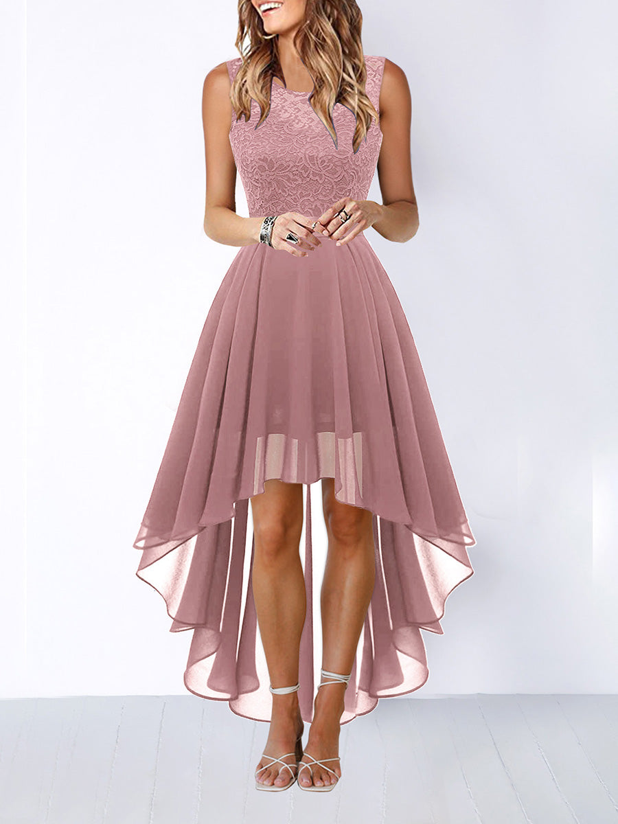 A-Line High Waisted Pleated See-Through Split-Joint Tied Waist Round-Neck Maxi Dresses