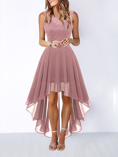 A-Line High Waisted Pleated See-Through Split-Joint Tied Waist Round-Neck Maxi Dresses