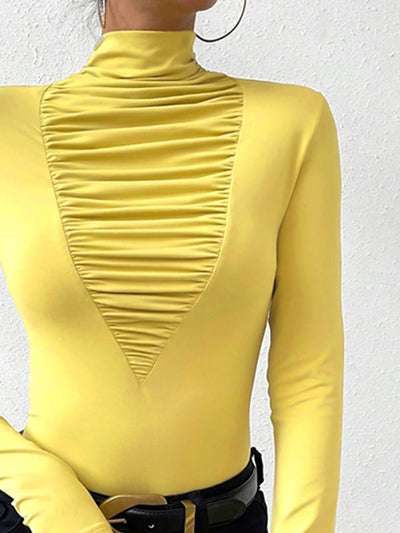 Long Sleeves Skinny Pleated Solid Color Split-Joint High Neck T-Shirts Tops