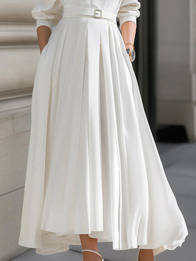 Long Sleeves Loose Belted Pockets Solid Color Stand Collar Maxi Dresses