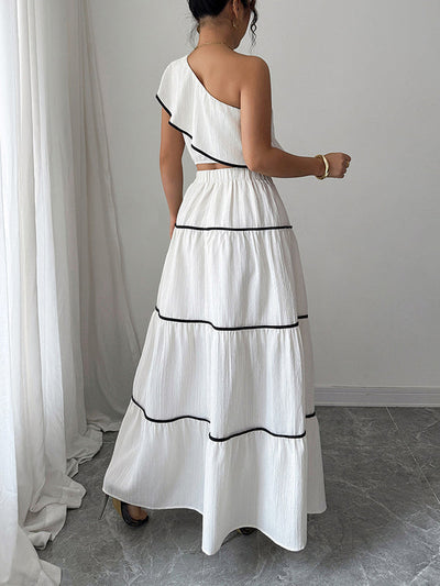 Sleeveless Elasticity Pleated One-Shoulder Vest Top + A-Line Skirts Bottom Two Pieces Set