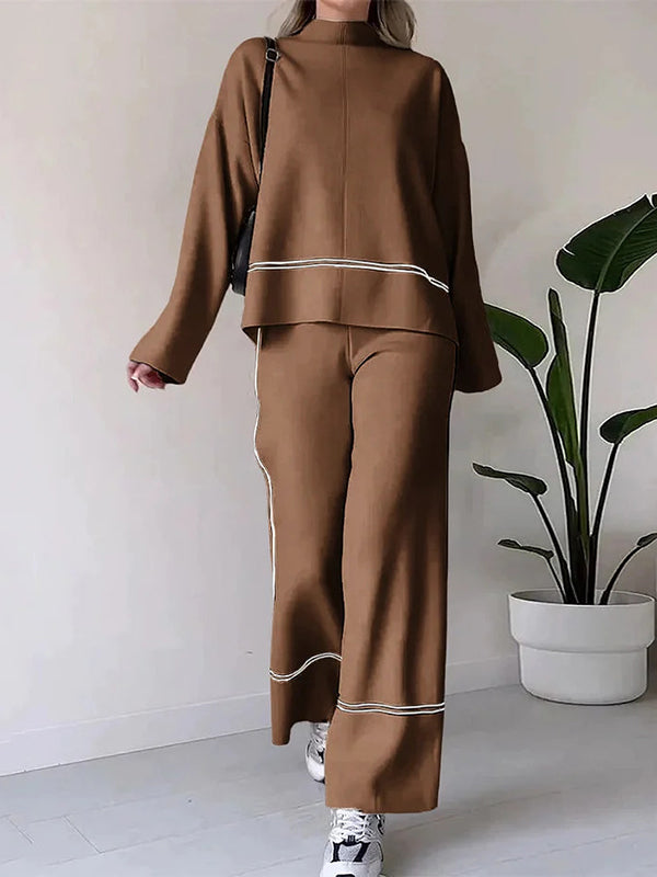 High-Low Contrast Color Split-Side Round-Neck Sweater Top + High Waisted Pants Bottom Two Pieces Set