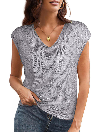 Batwing Sleeves Loose Sequined Shiny V-Neck T-Shirts Tops