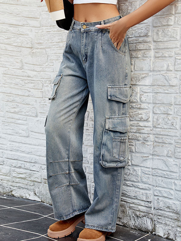 Loose Pleated Pockets Split-Joint Jean Pants Bottoms