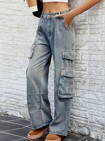 Loose Pleated Pockets Split-Joint Jean Pants Bottoms