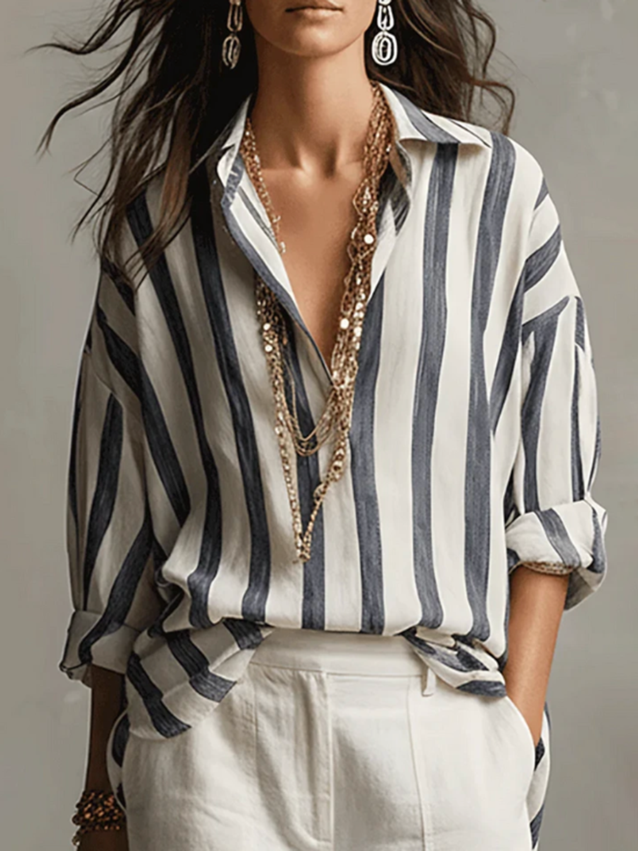 Long Sleeves Loose Buttoned Contrast Color Striped Lapel Blouses&Shirts Tops