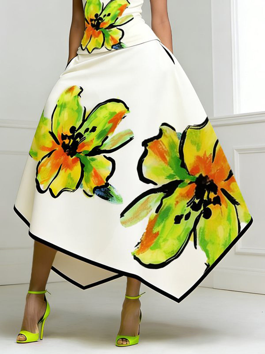 A-Line High Waisted Flower Print Pockets Skirts Bottoms