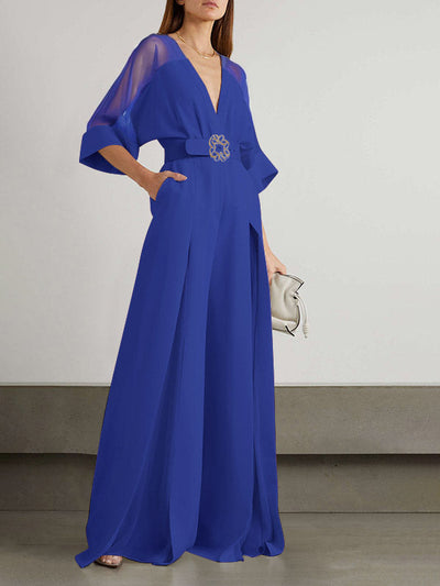 Solid Color Split-Front Contrast Color Tied Waist High Waisted V-Neck Jumpsuits