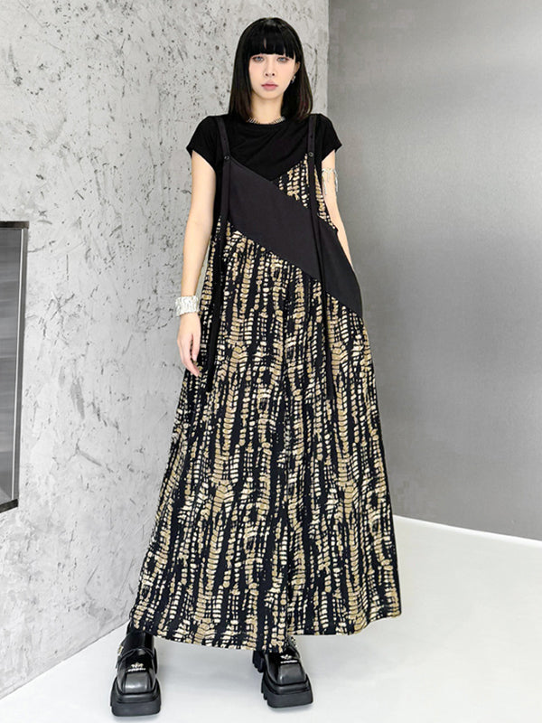 Loose Sleeveless Asymmetric Contrast Color Printed Split-Joint Spaghetti-Neck Overalls