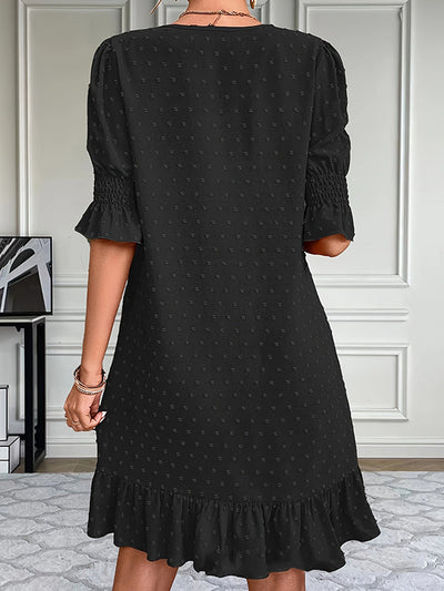 A-Line Flared Sleeves Elasticity Jacquard Pleated Solid Color Split-Joint V-Neck Mini Dresses