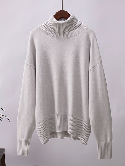 High-Low Long Sleeves Solid Color Split-Joint High Neck Sweater Tops