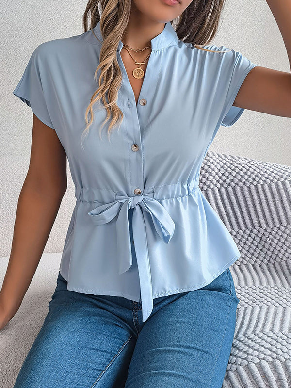 Short Sleeves Buttoned Comfort Solid Color Tied Waist Stand Collar Blouses&Shirts Tops