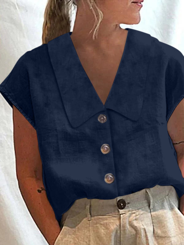 Cap Sleeve Loose Buttoned Solid Color Lapel Blouses&Shirts Tops