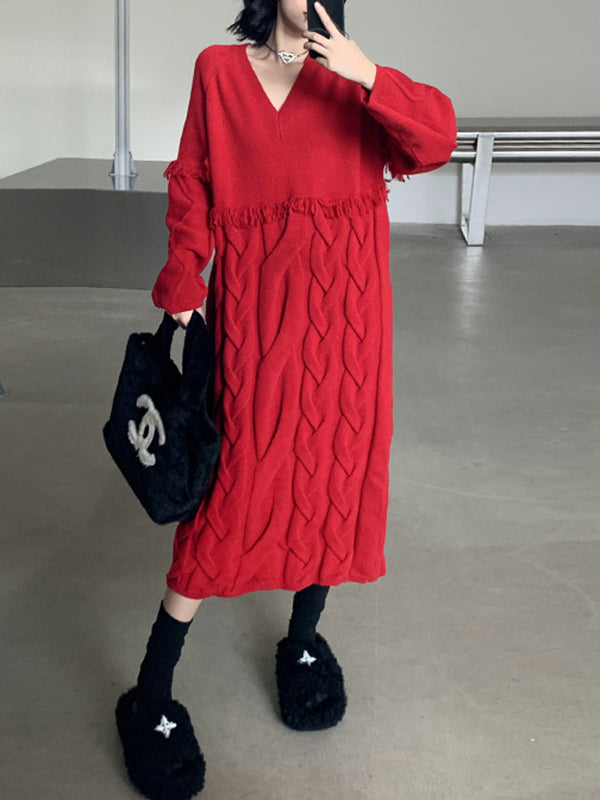 Long Sleeves Loose Solid Color Split-Joint Tasseled V-Neck Midi Dresses Sweater Dresses