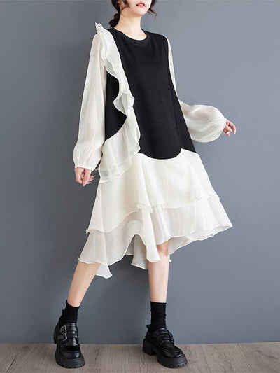 High-Low Long Sleeves Contrast Color Ruffle Trim Split-Joint Round-Neck Midi Dresses