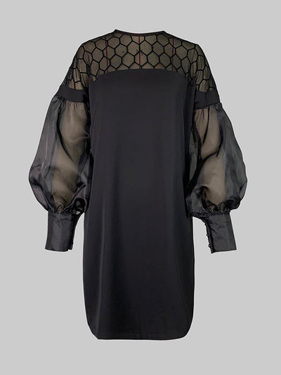 Long Sleeves Loose Hollow Solid Color Split-Joint Round-Neck Mini Dresses