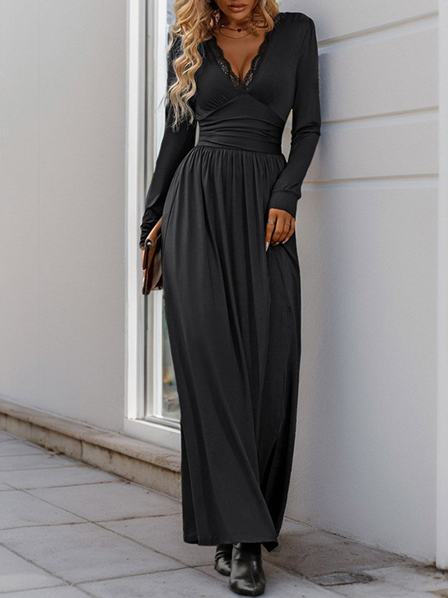 A-Line High Waisted Pleated Solid Color Split-Side V-Neck Maxi Dresses