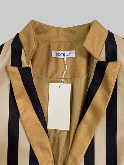 Long Sleeves Loose Buttoned Split-Joint Striped Stand Collar Woolen Coat