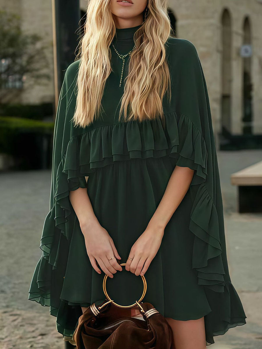 High Waisted Sleeveless Pleated Ruffled Solid Color Split-Joint Tied Mock Neck Mini Dresses Two Pieces Set