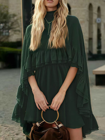 High Waisted Sleeveless Pleated Ruffled Solid Color Split-Joint Tied Mock Neck Mini Dresses Two Pieces Set