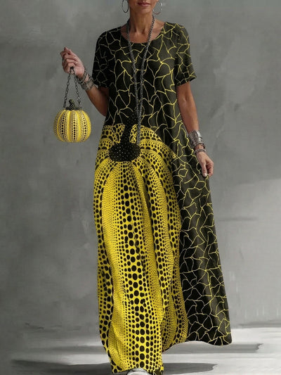 Loose Short Sleeves Contrast Color Pockets Printed Maxi Dresses