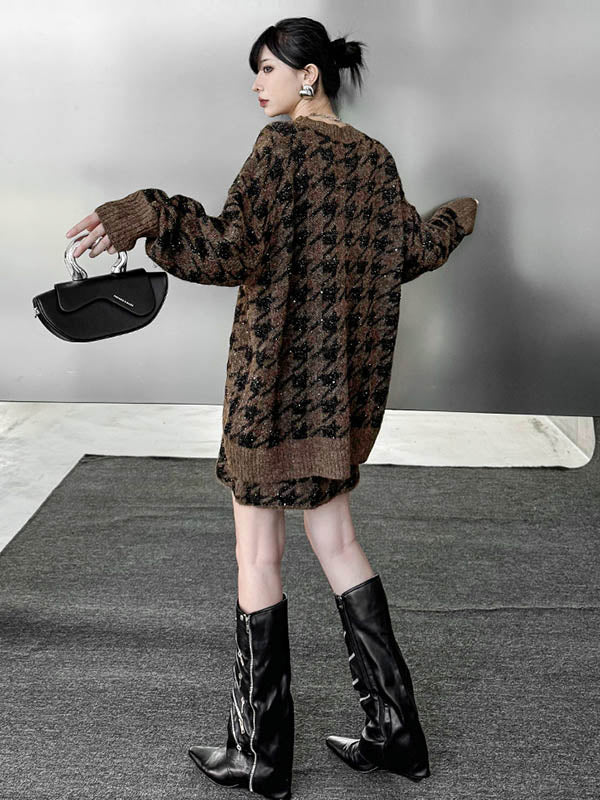 Contrast Color Split-Joint Ribs Shiny Swallow Gird/Houndstooth Round-Neck Sweater Tops + A-Line Elasticated Waist Skirts Bottoms  Two Pieces Set