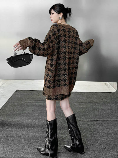 Contrast Color Split-Joint Ribs Shiny Swallow Gird/Houndstooth Round-Neck Sweater Tops + A-Line Elasticated Waist Skirts Bottoms  Two Pieces Set