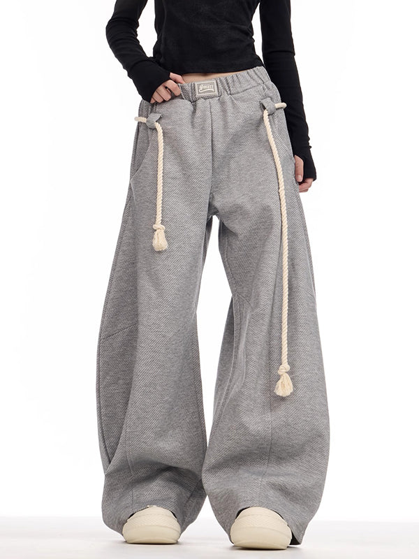 High Waisted Loose Drawstring Elasticity Pockets Solid Color Pants Trousers