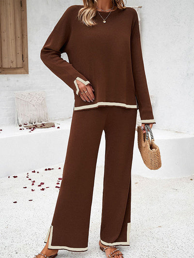 Long Sleeves Contrast Color Split-Joint Split-Side Round-Neck High-Low Sweater Tops +  Pants Bottom Two Pieces Set