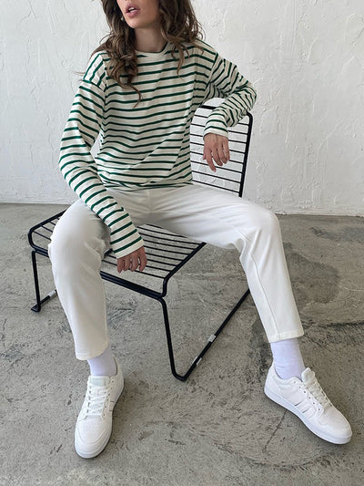 Long Sleeves Loose Striped Round-Neck T-Shirts Tops