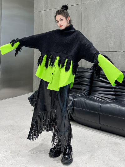 A-Line Irregularity Asymmetric Buttoned Crocodile Texture Solid Color Tasseled Skirts Bottoms