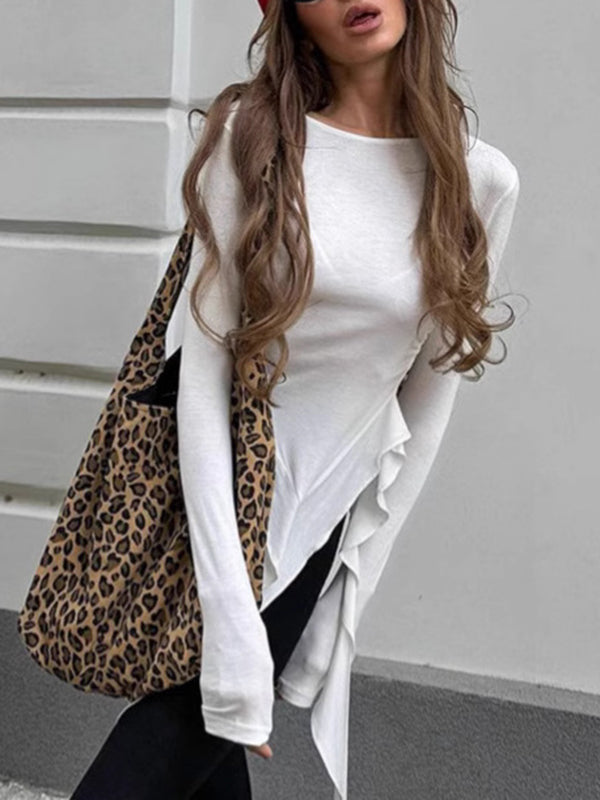 Long Sleeves Skinny Pleated Solid Color Round-Neck T-Shirts Tops