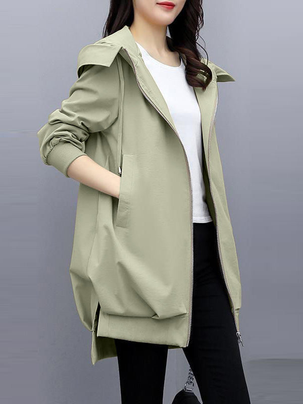 Casual Loose 4 Colors Pleated Zipper Hooded Long Sleeves Outwear