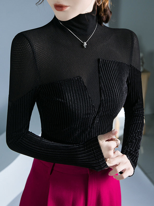 Long Sleeves Skinny Contrast Color Split-Joint High Neck T-Shirts Tops