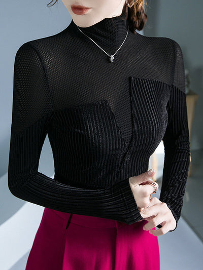 Long Sleeves Skinny Contrast Color Split-Joint High Neck T-Shirts Tops