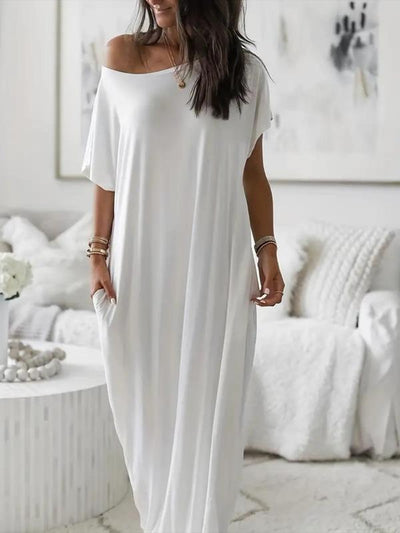 Loose Short Sleeves Solid Color Round-Neck Maxi Dresses