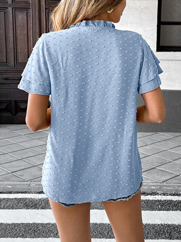 Loose Ruffle Sleeves Jacquard Pleated Solid Color V-Neck Blouses&Shirts Tops