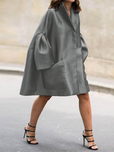 Flared Sleeves Long Sleeves Pockets Solid Color Notched Collar Mini Dresses Shirt Dress