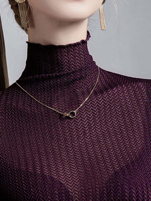 Long Sleeves Plus Size Mesh See-Through Slightly Sheer Split-Joint High Neck T-Shirts