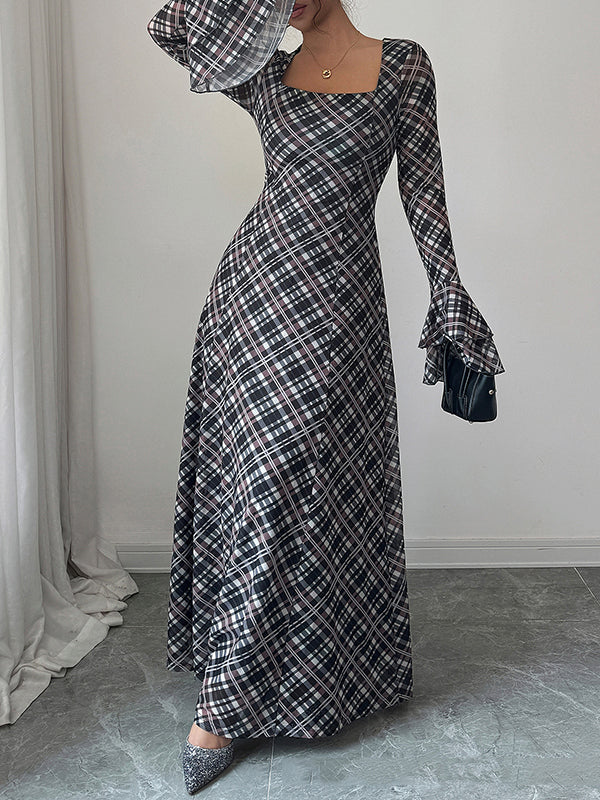 A-Line Flared Sleeves Contrast Color High-Waisted Plaid Square-Neck Maxi Dresses