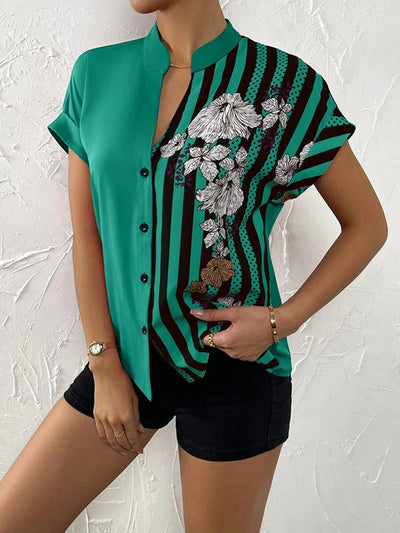 Loose Short Sleeves Buttoned Contrast Color Flower Print Striped V-Neck Blouses&Shirts Tops