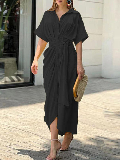 Elasticated Waist High Waisted Buttoned Pleated Solid Color Split-Joint Tied Waist Lapel Maxi Dresses Shirt Dress