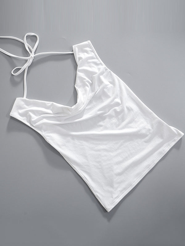 Loose Skinny Backless Lace-Up See-Through Solid Color Split-Joint Off-The-Shoulder T-Shirts Tops