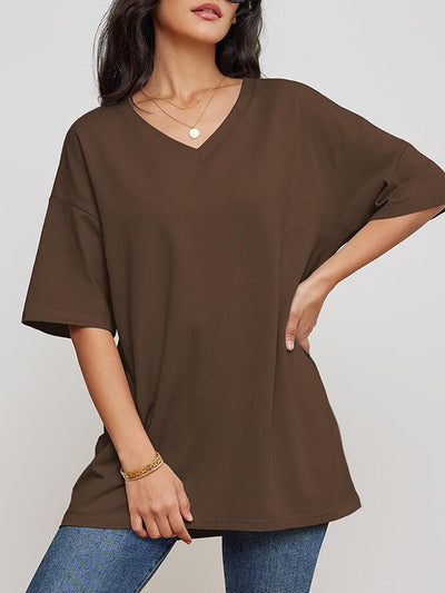 Short Sleeves Solid Color Split-Joint V-Neck T-Shirts