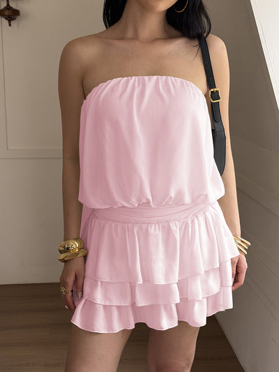 Sleeveless Elasticity Pleated Ruffled Solid Color Split-Joint Tube Mini Dresses