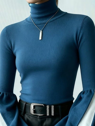 Long Sleeves Puff Sleeves Contrast Color High Neck Pullovers